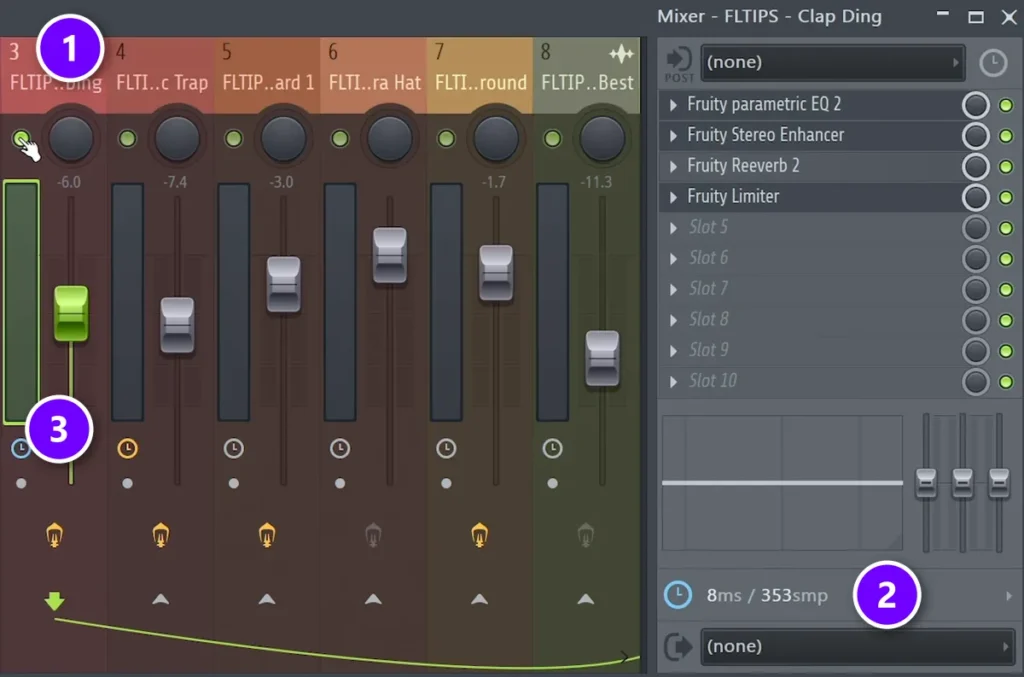 FL Studio mixer with the clap track selected (1), its delay set to 8ms / 353smp in the right panel (2) and the track's clock icon turned blue (3)
