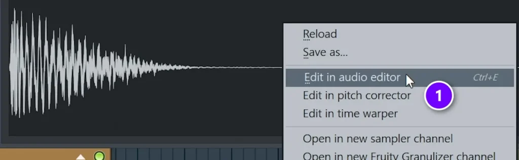 Right-click menu on a snare waveform in FL Studio with Edit in pitch corrector (1)