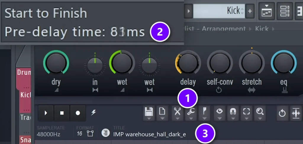 Fruity Convolver on a snare with the delay knob (1), the hint bar reading Pre-delay time 83 ms (2) and the warehouse_hall_dark_e impulse (3)