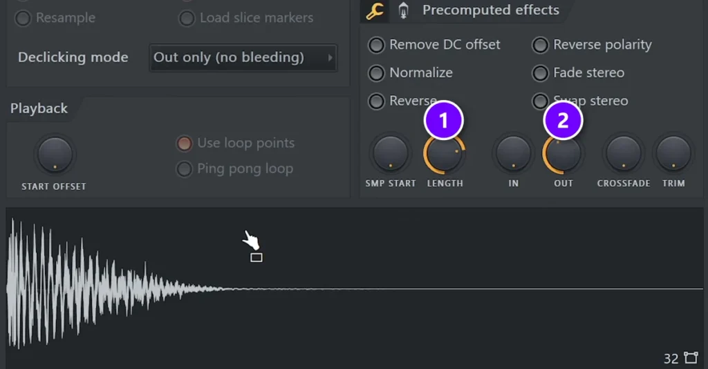 FL Studio sampler channel settings with the LENGTH knob (1) and OUT fade knob (2) under Precomputed effects, and the shortened snare waveform