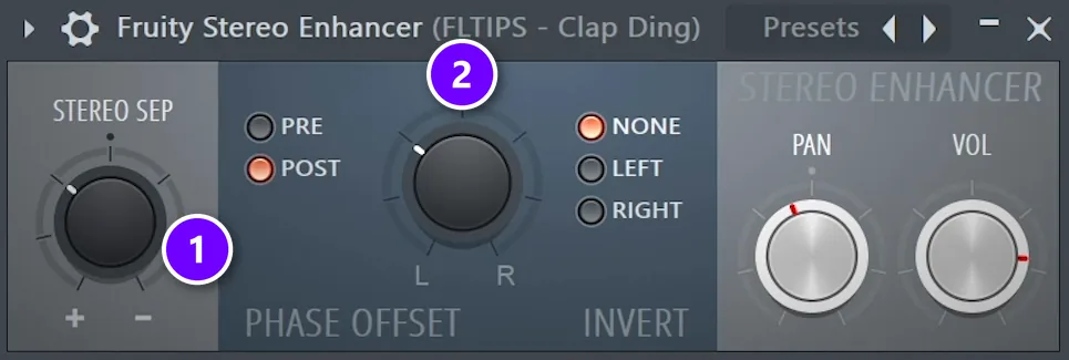 Fruity Stereo Enhancer on the clap layer with STEREO SEP (1) turned toward + and PHASE OFFSET (2) turned slightly left