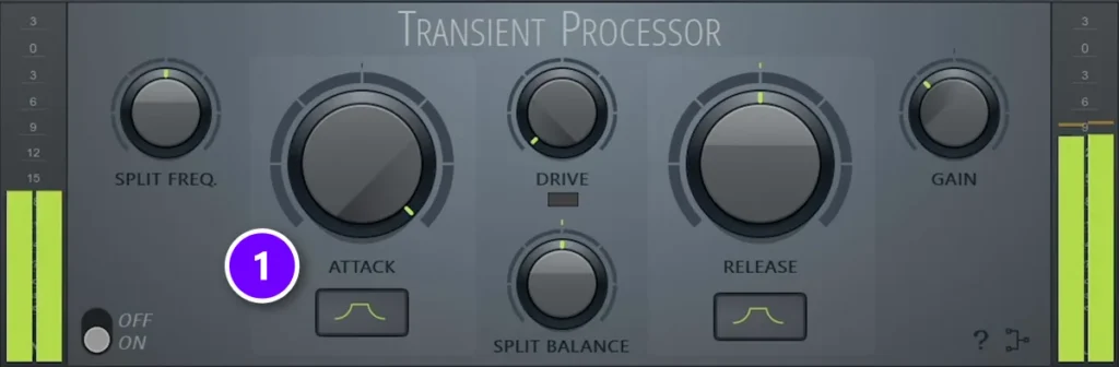 FL Studio's Transient Processor on a snare with the ATTACK knob (1) turned all the way up