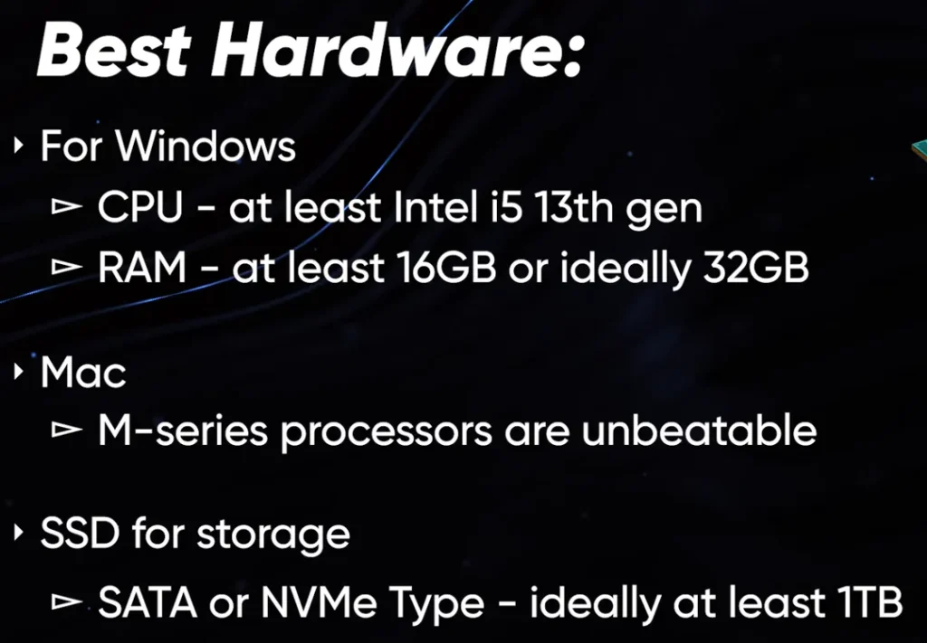 Slide from Max's video listing computer specs for music: Intel i5 13th gen, 16 to 32 GB of RAM, Apple M-series chips and an SSD of at least 1 TB