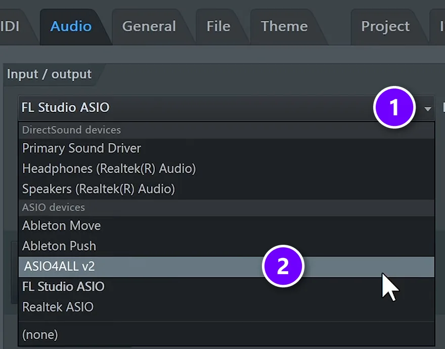 FL Studio Audio settings with the Device menu numbered 1 and the list of ASIO drivers numbered 2