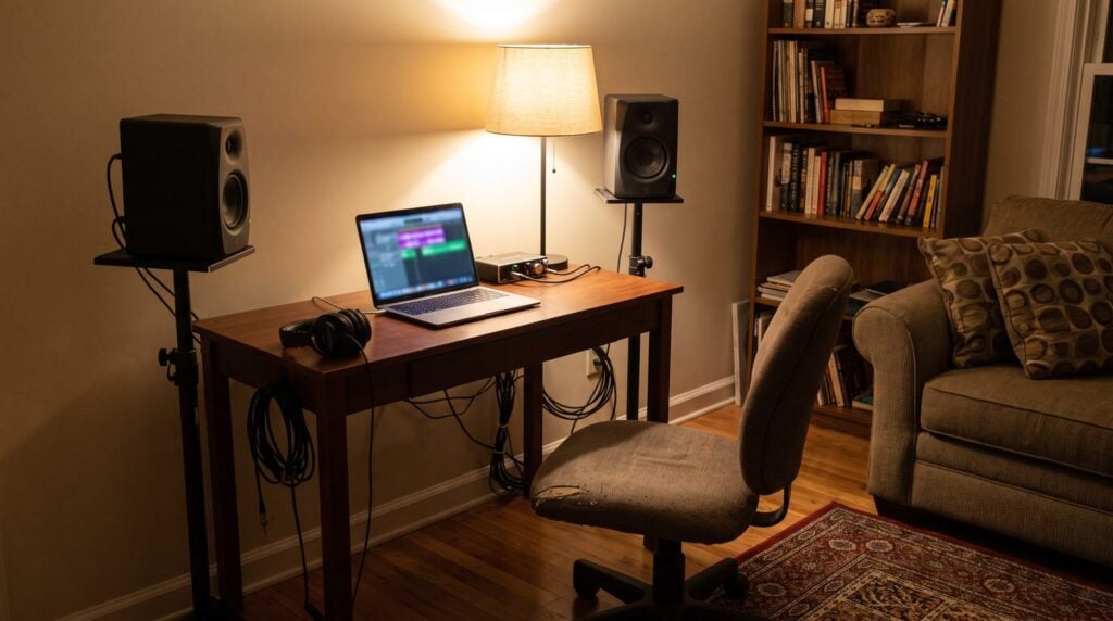 Small home music studio in a spare bedroom with a laptop, two studio monitors on stands, headphones, a bookshelf and a sofa