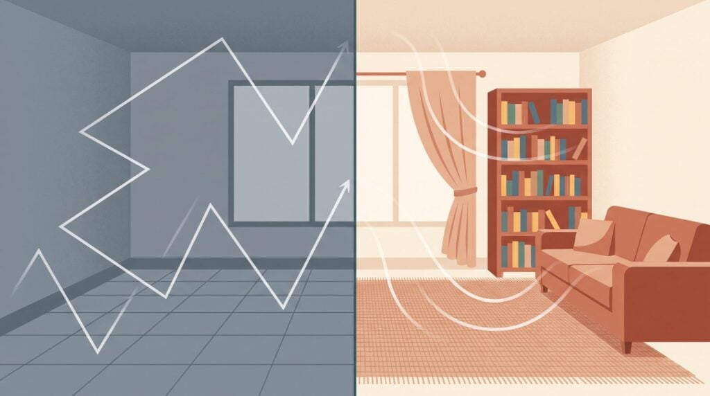 Split illustration: sound bouncing around a bare tiled room on the left and fading into the rug, sofa and bookshelf of a lived-in room on the right