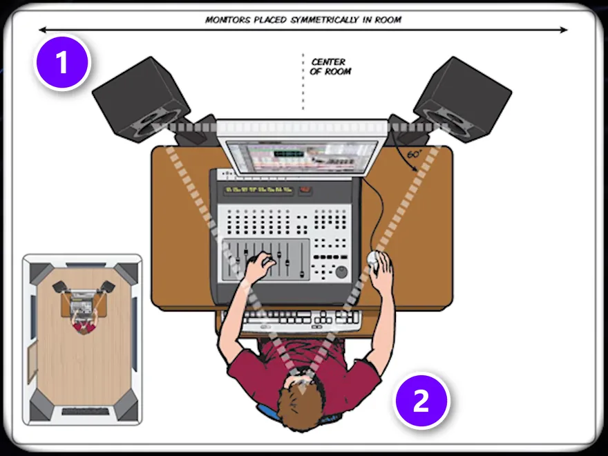 Top-view diagram of studio monitor placement with the two speakers numbered 1 and the listener's head numbered 2 forming an equal triangle
