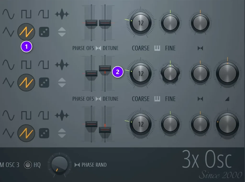 FL Studio 3x Osc with all three oscillators set to saw (1) and the second and third detune sliders pushed apart (2)