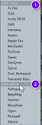 FL Studio Add channel menu with the Synth classic (1) and Synth special (2) lists of built-in synths, from 3x Osc and FLEX to Harmor and Sakura