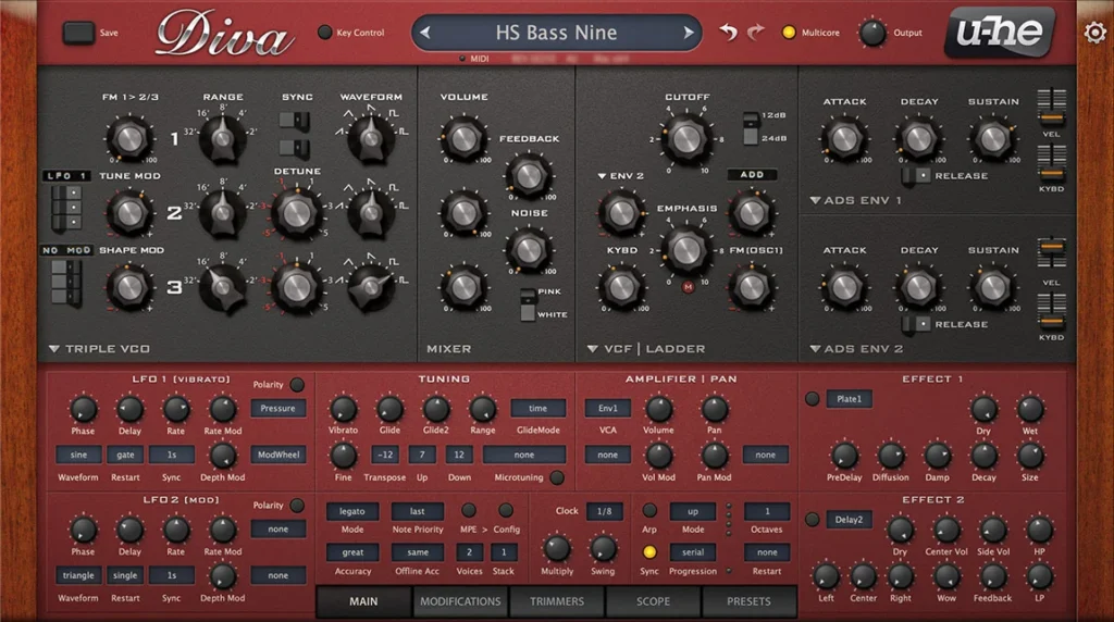 u-he Diva analog modeling synth with its oscillator, filter and envelope sections