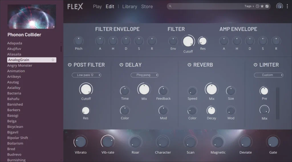 FL Studio 2026 FLEX synth with its preset list, filter, effects and eight macro knobs