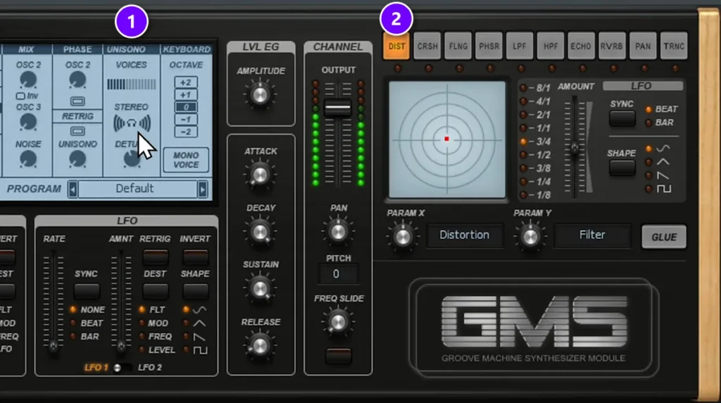FL Studio GMS synth with the UNISONO section (1) and the DIST effect button (2) numbered