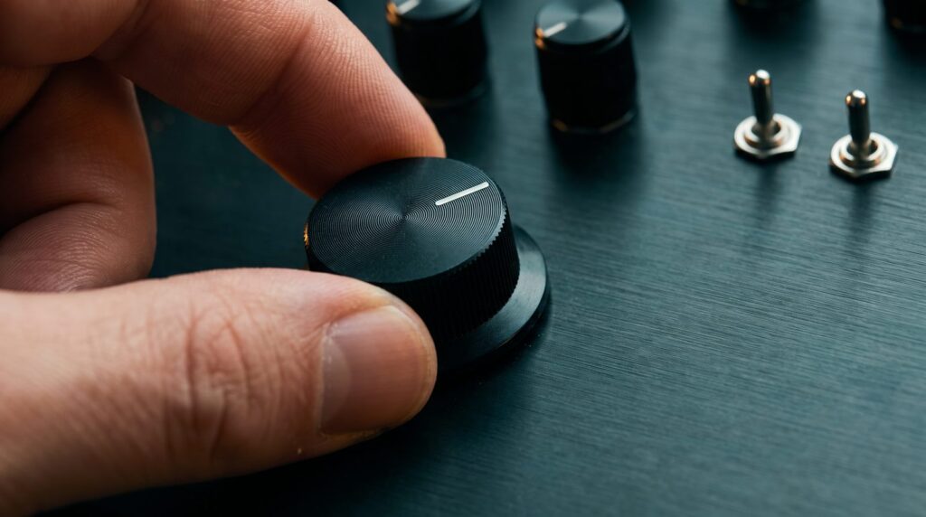 Close-up of fingers turning a black synthesizer knob on a dark metal panel