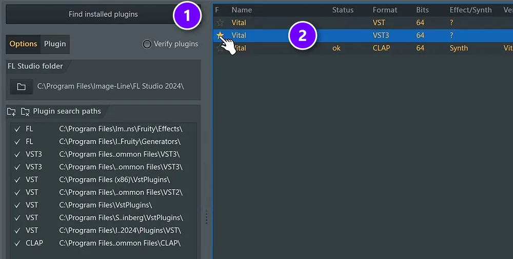 FL Studio Plugin Manager with Find installed plugins (1) and the starred VST3 version of Vital (2) numbered