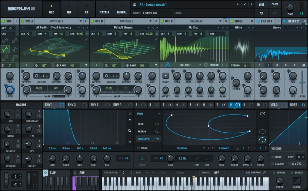 Xfer Records Serum 2 wavetable synth with its three main oscillators