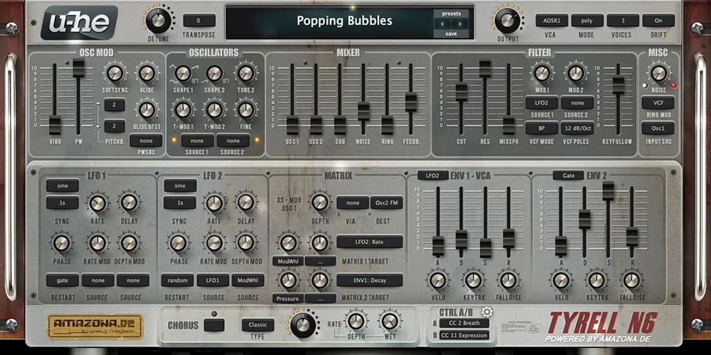 u-he Tyrell N6 free synth with two oscillators, filter and envelopes