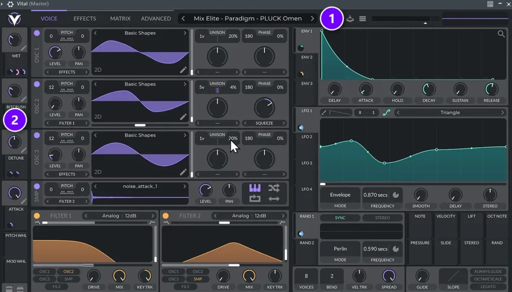 Vital synth in FL Studio with a Mix Elite pluck preset: preset name (1) and the four macro knobs on the left (2) numbered