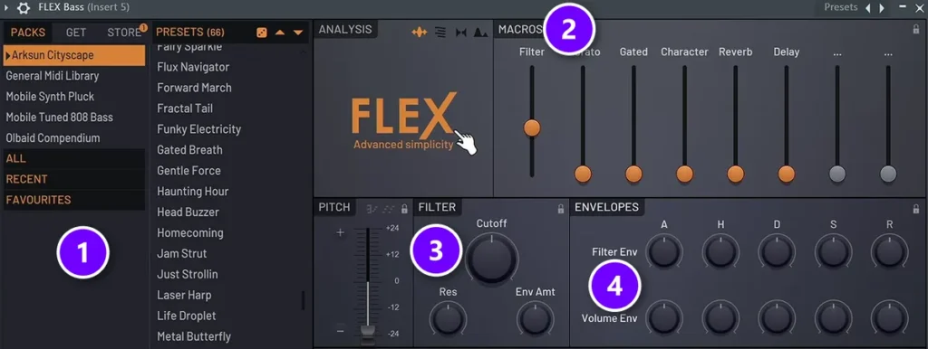 FL Studio FLEX synth with its preset packs (1), macro sliders (2), filter (3) and filter and volume envelopes (4) numbered