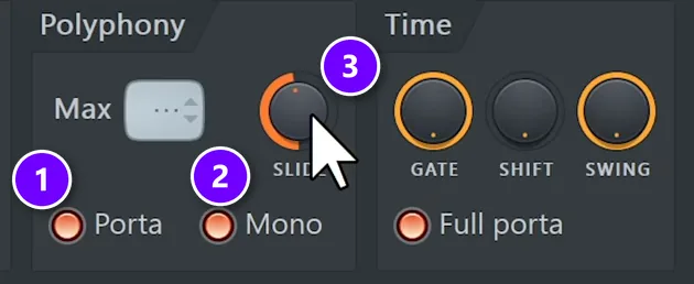 FL Studio channel Polyphony settings with Porta (1), Mono (2) and the SLIDE knob (3) numbered