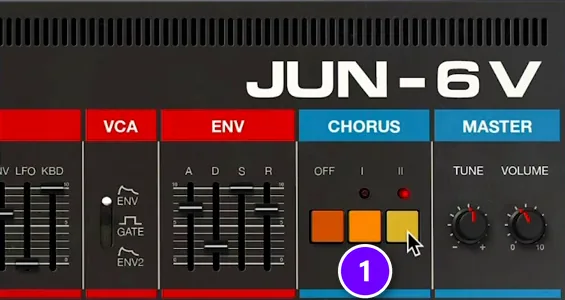 Arturia Jun-6 V synth panel with its Juno-style chorus switches (1) set to mode II