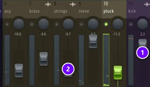 FL Studio Mixer from Mix Elite's mixing course with the kick fader highest (1) and the strings pulled well below it (2)