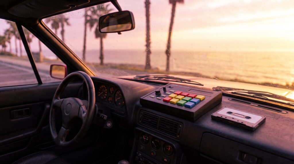 A retro drum machine and a cassette on the dashboard of a vintage sports car at sunset, with palm trees and the sea outside