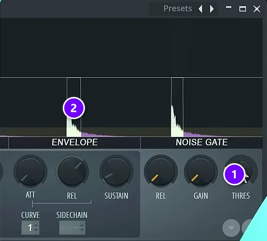 Fruity Limiter NOISE GATE section with THRES (1) cutting off the reverb tail after each snare hit (2)