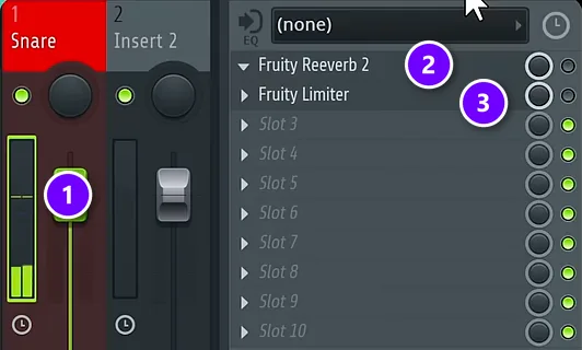 FL Studio Mixer Snare track (1) with Fruity Reeverb 2 (2) followed by Fruity Limiter (3) in its effect slots