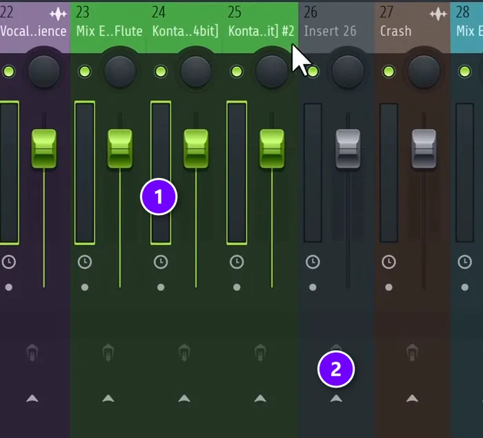 FL Studio mixer with selected green instrument tracks (1) and the routing arrow of an empty insert track (2) numbered