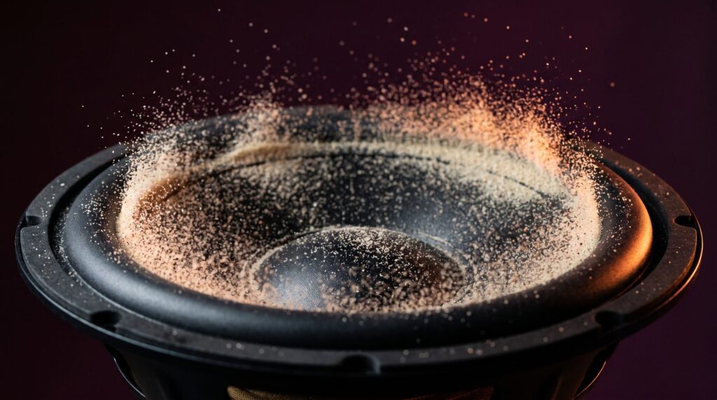 Macro photo of a subwoofer cone mid-thump throwing a ring of sand into the air under orange side light, like an 808 and kick hitting together