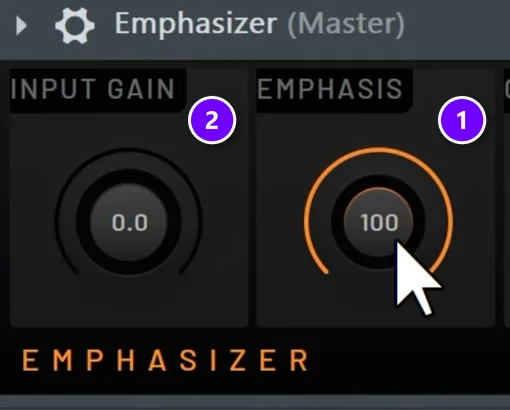 FL Studio Emphasizer on the master with EMPHASIS set to 100 (1) and INPUT GAIN at 0.0 (2)
