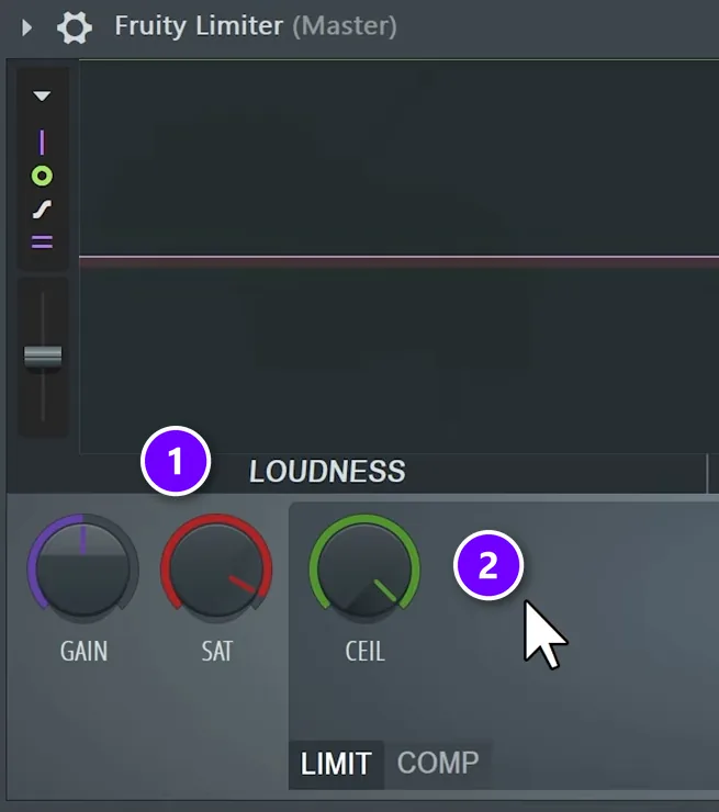 FL Studio Fruity Limiter on the master with SAT turned slightly left (1) and CEIL pushed almost all the way up (2)