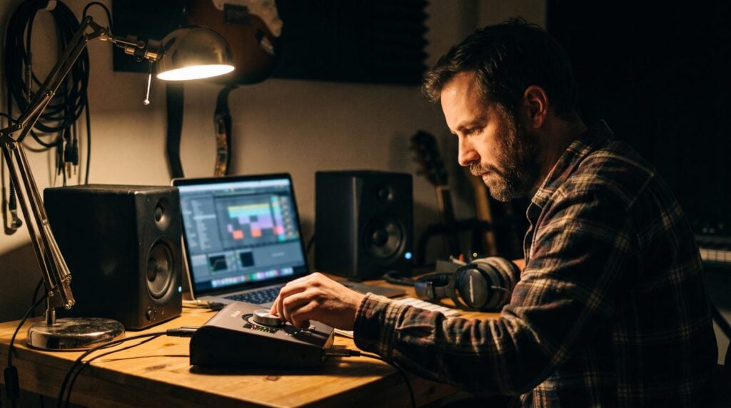 Man adjusting the volume knob on an audio interface at a home studio desk with two studio monitors and headphones