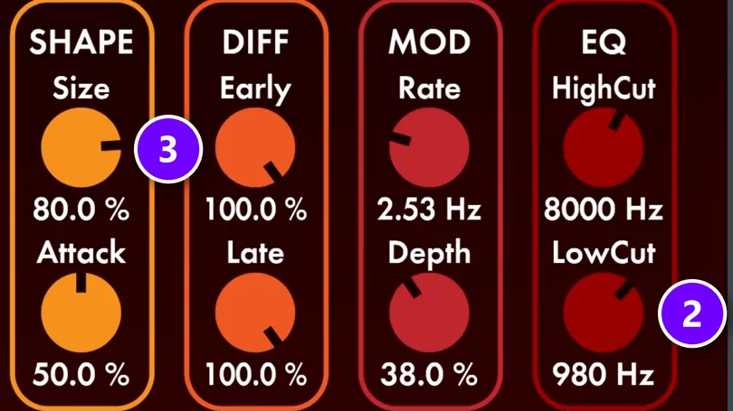ValhallaVintageVerb with the Low Cut at 980 Hz (2) and the Size at 80 percent (3)