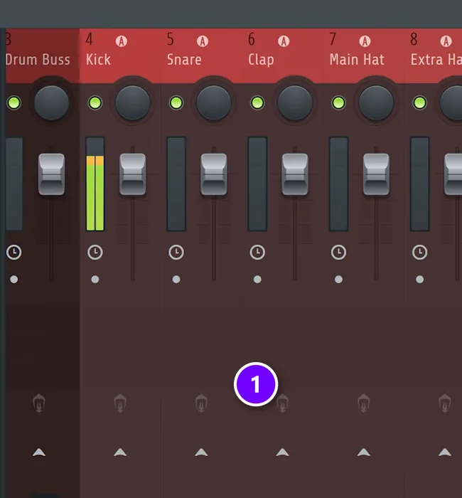 FL Studio Mixer from Max's starting template with the drum tracks grouped and colored red (1)