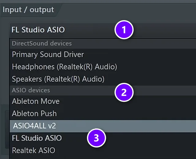 FL Studio Audio settings with the device menu (1), the ASIO devices list (2) and FL Studio ASIO and ASIO4ALL (3) numbered