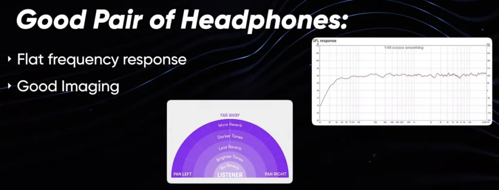 Mix Elite's slide on what makes a good pair of headphones: a flat frequency response and good imaging, with a frequency chart and a stereo map