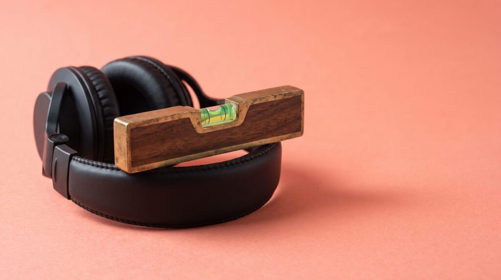 Black studio headphones on a coral background with a small brass and walnut spirit level resting on the headband, its bubble centred