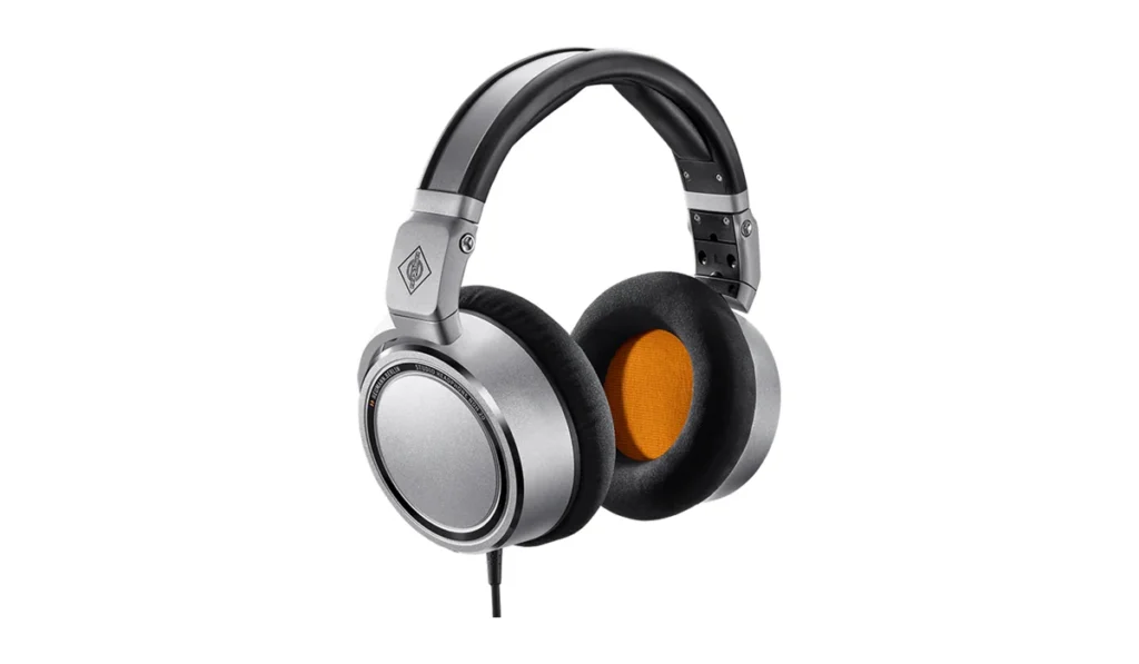 Neumann NDH 20 closed-back studio headphones in silver with orange driver covers