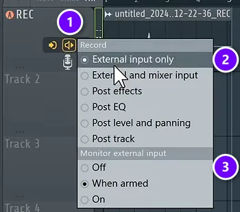 FL Studio Playlist track recording menu with the track's record options icon (1), External input only (2) and Monitor external input Off (3) numbered