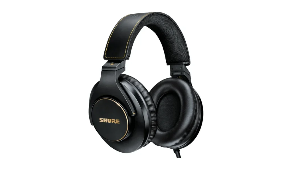Shure SRH840A closed-back studio headphones in black with gold accents