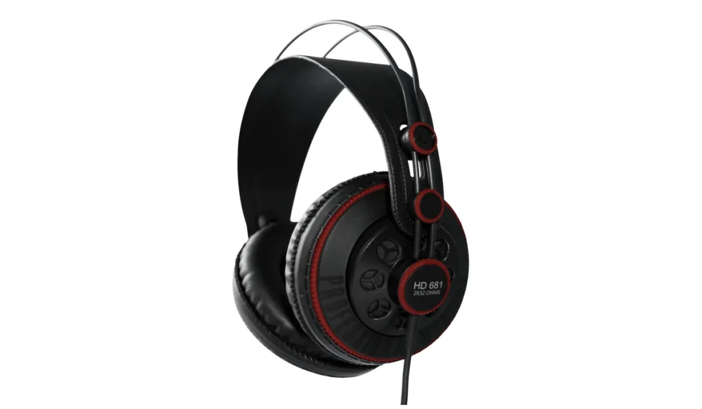 Superlux HD 681 semi-open studio headphones in black with red accents
