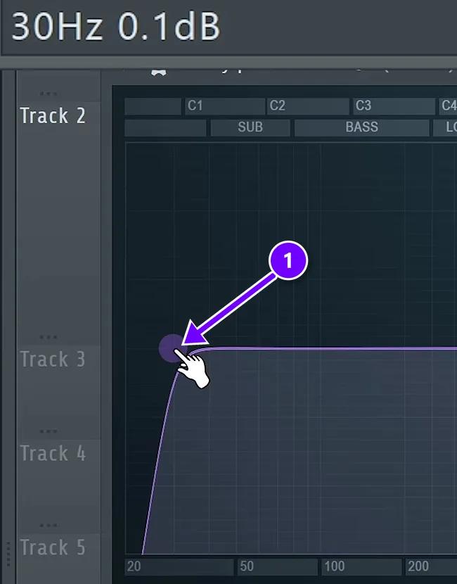 FL Studio Parametric EQ 2 with the low cut at 30 Hz numbered 1