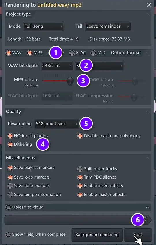 FL Studio render window with WAV and MP3, bit depth, bitrate, dithering, resampling and Start numbered 1 to 6