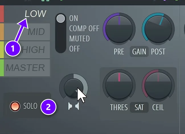 FL Studio Maximus with the LOW band and its stereo separation knob numbered 1 and 2