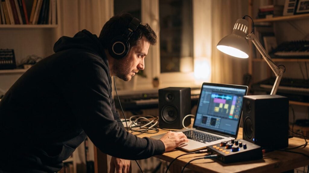 Producer with headphones listening closely while mastering a song on a laptop in a home studio at night