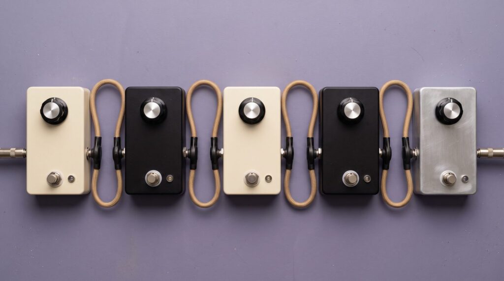 Five effect pedals joined in one row by short patch cables, like the plugins on a master track working in order