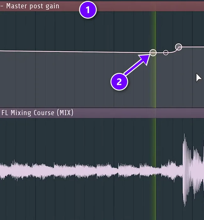 FL Studio Playlist with a Maximus post gain automation clip and its dip before the drop numbered