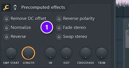 FL Studio audio clip settings with Normalize under Precomputed effects numbered 1