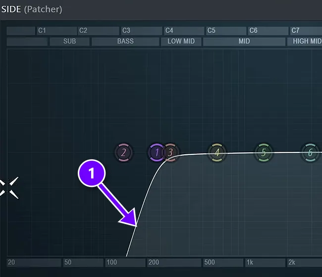 FL Studio Parametric EQ 2 on the side channel with its low cut numbered 1
